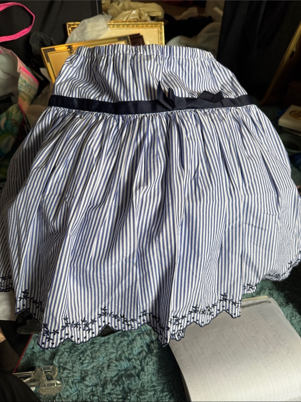 KULE Blue and White Striped Girls' Skirt with Navy Ribbon